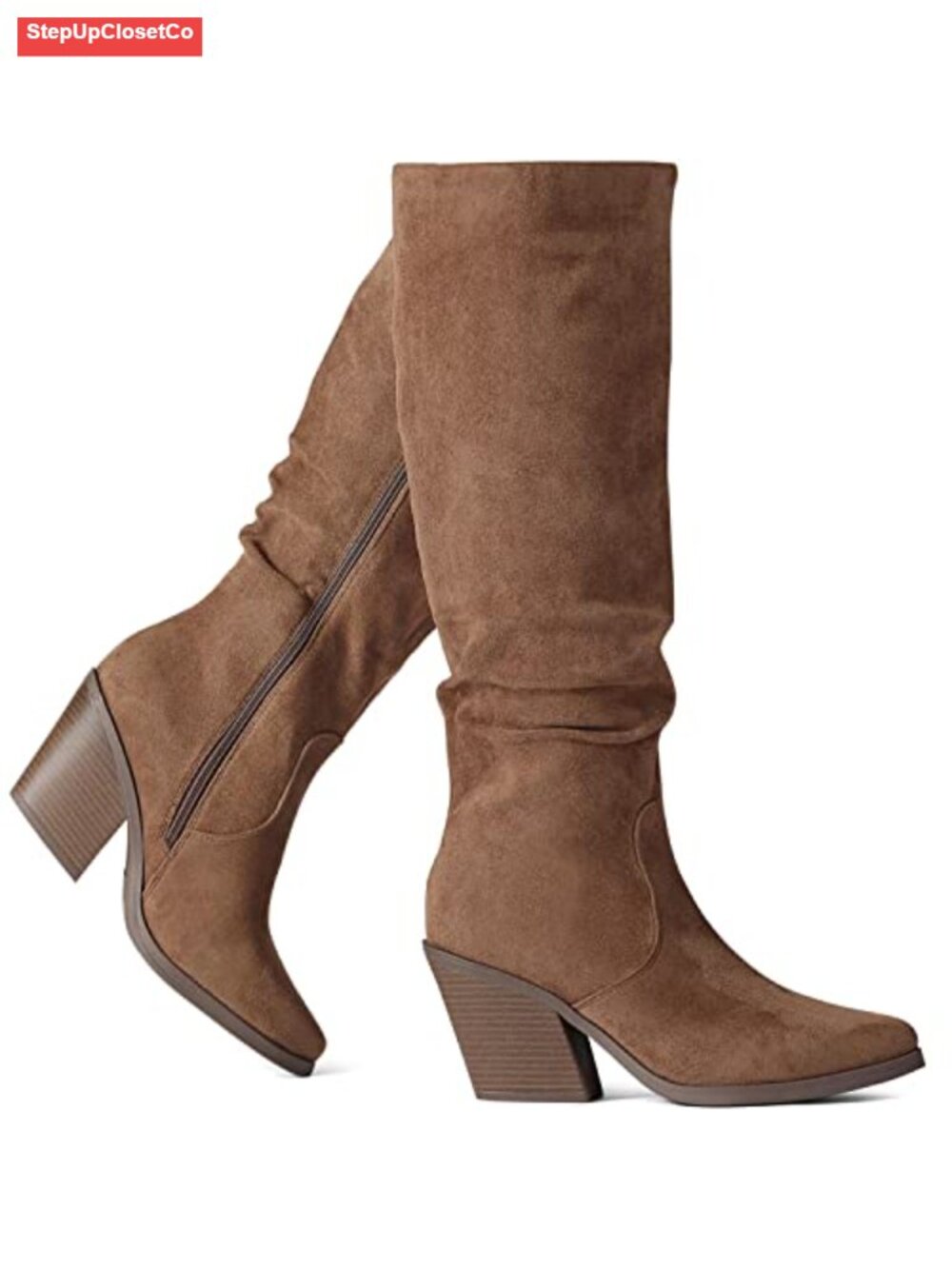 Faux Suede Knee High Boots Slouch Tall Chunky Heel Pointed Toe